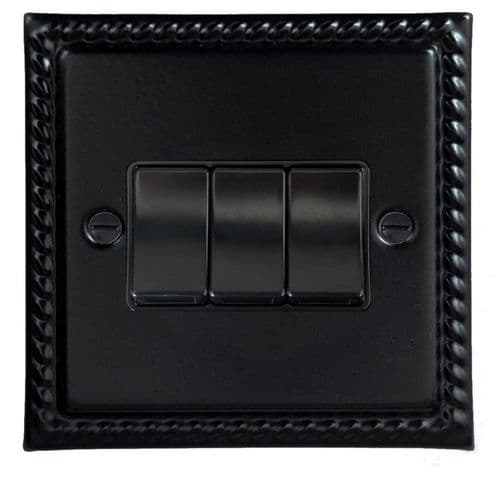 G&H MFB3B Monarch Roped Matt Black 3 Gang 1 or 2 Way Rocker Light Switch