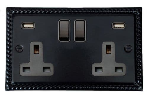 G&H MFB910B Monarch Roped Matt Black 2 Gang Double 13A Switched Plug Socket 2.1A USB