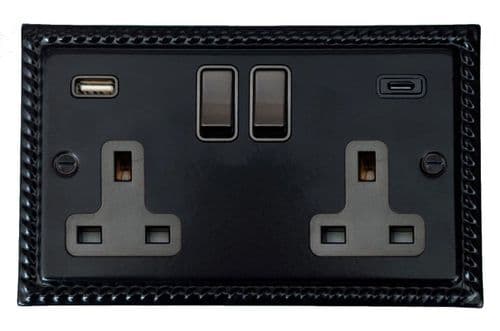 G&H MFB911B Monarch Roped Matt Black 2 Gang Double 13A Plug Socket 3.1A USB A + C