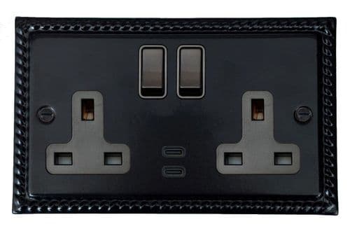 G&H MFB913B Monarch Roped Matt Black 2 Gang Double 13A Plug Socket Dual 4.2A USB C