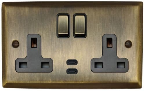 G&H SAB3913 Spectrum Plate Antique Brass 2 Gang Double 13A Plug Socket Dual 4.2A USB C