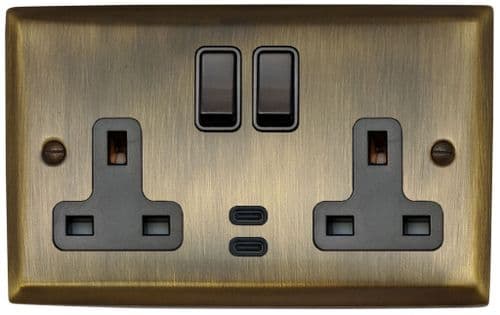 G&H SAB913B Spectrum Plate Antique Brass 2 Gang Double 13A Plug Socket Dual 4.2A USB C