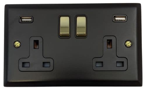 G&H SFB3910-PB Spectrum Plate Matt Black 2 Gang Double 13A Switched Plug Socket 2.1A USB