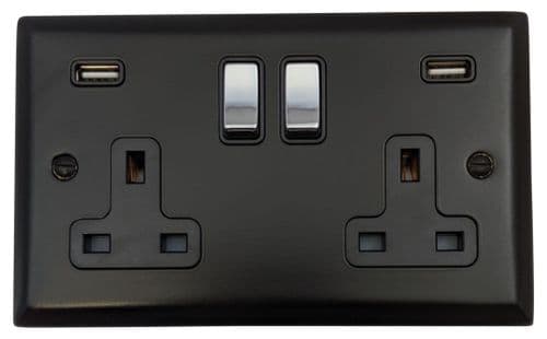 G&H SFB3910-PC Spectrum Plate Matt Black 2 Gang Double 13A Switched Plug Socket 2.1A USB