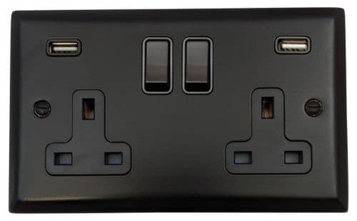 G&H SFB910B Spectrum Plate Matt Black 2 Gang Double 13A Switched Plug Socket 2.1A USB