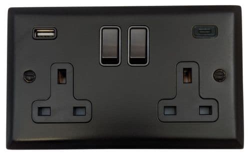 G&H SFB911B Spectrum Plate Matt Black 2 Gang Double 13A Plug Socket 3.1A USB A + C
