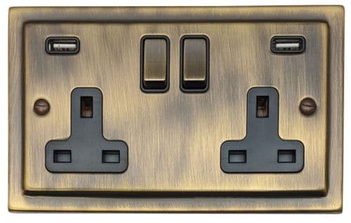 G&H TAB3910 Trimline Plate Antique Brass 2 Gang Double 13A Switched Plug Socket 2.1A USB