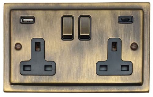 G&H TAB3911 Trimline Plate Antique Brass 2 Gang Double 13A Plug Socket 3.1A USB A + C