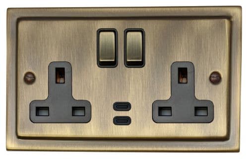 G&H TAB3913 Trimline Plate Antique Brass 2 Gang Double 13A Plug Socket Dual 4.2A USB C