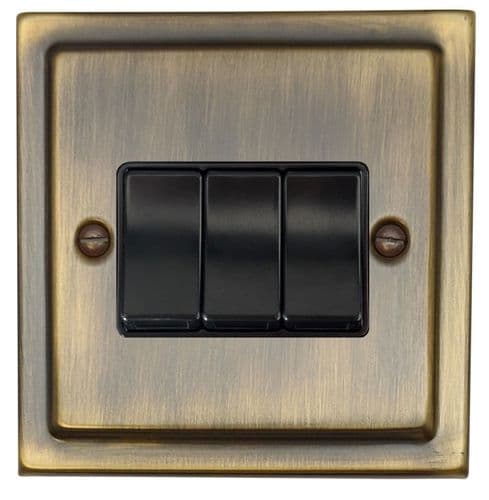G&H TAB3B Trimline Plate Antique Brass 3 Gang 1 or 2 Way Rocker Light Switch