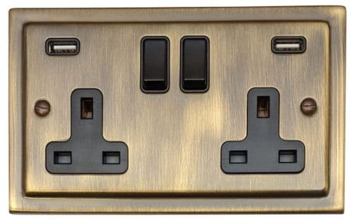 G&H TAB910B Trimline Plate Antique Brass 2 Gang Double 13A Switched Plug Socket 2.1A USB