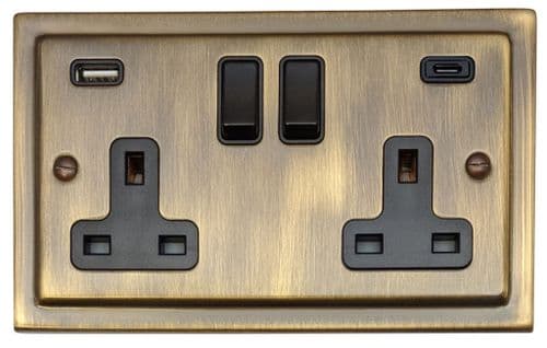G&H TAB911B Trimline Plate Antique Brass 2 Gang Double 13A Plug Socket 3.1A USB A + C