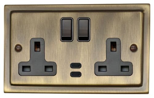 G&H TAB913B Trimline Plate Antique Brass 2 Gang Double 13A Plug Socket Dual 4.2A USB C