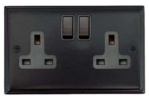 G&H VFB10B Victorian Plate Matt Black 2 Gang Double 13A Switched Plug Socket
