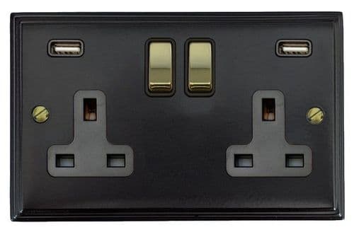 G&H VFB3910-PB Victorian Plate Matt Black 2 Gang Double 13A Switched Plug Socket 2.1A USB