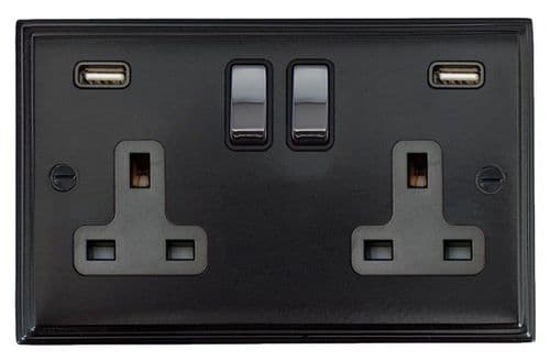 G&H VFB3910-PC Victorian Plate Matt Black 2 Gang Double 13A Switched Plug Socket 2.1A USB