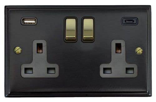 G&H VFB3911-PB Victorian Plate Matt Black 2 Gang Double 13A Plug Socket 3.1A USB A + C