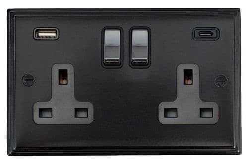 G&H VFB3911-PC Victorian Plate Matt Black 2 Gang Double 13A Plug Socket 3.1A USB A + C