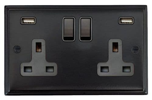 G&H VFB910B Victorian Plate Matt Black 2 Gang Double 13A Switched Plug Socket 2.1A USB