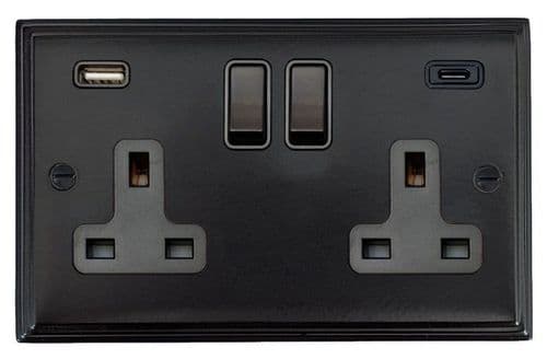 G&H VFB911B Victorian Plate Matt Black 2 Gang Double 13A Plug Socket 3.1A USB A + C