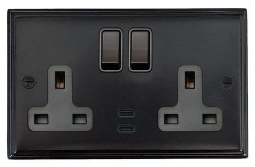 G&H VFB913B Victorian Plate Matt Black 2 Gang Double 13A Plug Socket Dual 4.2A USB C