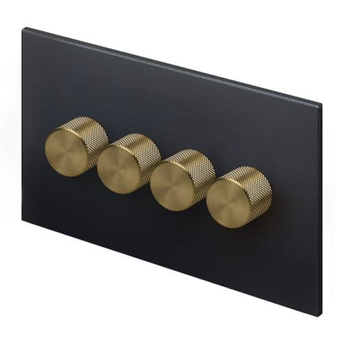 Retrotouch Aura MM29MB-D42B-LEDBR 4 Gang LED Dimmer Switch - Matt Black with Brass Knobs