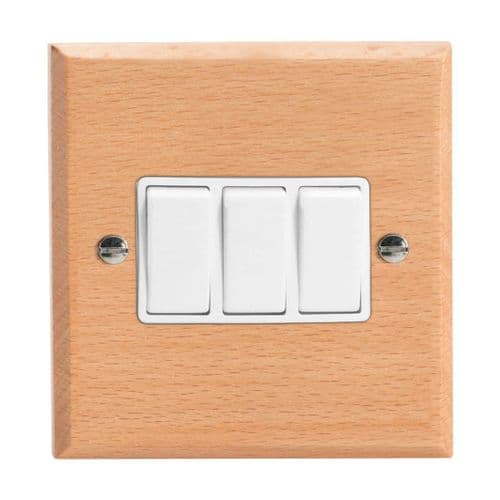 Varilight XK3BEW Kilnwood Scandic Beech 3 Gang 10A 1 or 2 Way Rocker Light Switch