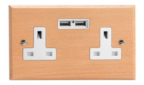 Varilight XK5U2BEW Kilnwood Scandic Beech 2 Gang Double 13A Unswitched Plug Socket 2.1A USB