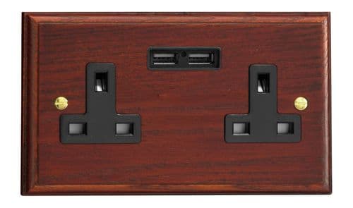 Varilight XK5U2MB Kilnwood Mahogany 2 Gang Double 13A Unswitched Plug Socket 2.1A USB
