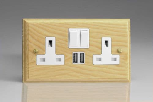 Varilight XK5U2SAW Kilnwood Ash 2 Gang Double 13A Switched Plug Socket 2.1A USB