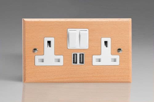 Varilight XK5U2SBEW Kilnwood Scandic Beech 2 Gang Double 13A Switched Plug Socket 2.1A USB