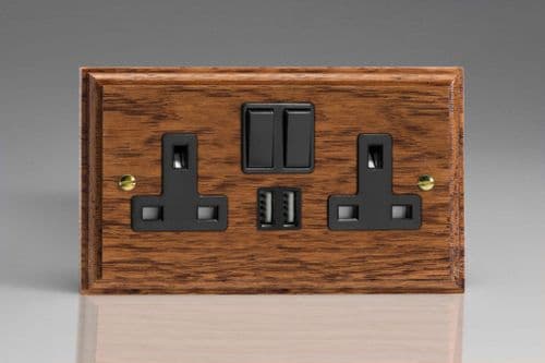 Varilight XK5U2SMOB Kilnwood Medium Oak 2 Gang Double 13A Switched Plug Socket 2.1A USB