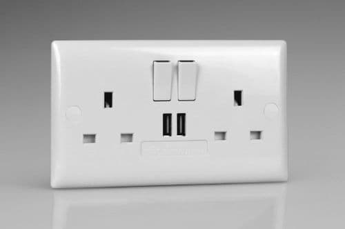 Varilight XO5U2SW Value Polar White 2 Gang Double 13A Switched Plug Socket 2.1A USB