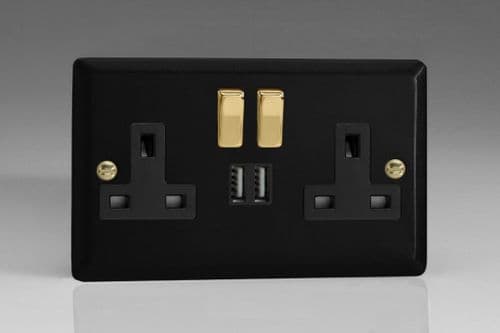 Varilight XY5U2SVB.MB Vogue Matt Black 2 Gang 13A Single Pole Switched USB Socket
