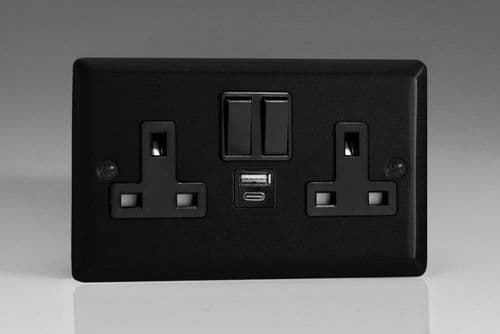 Varilight XY5UACB.MB Urban Matt Black 2 Gang Double 13A Plug Socket 3.1A 20W USB A + C