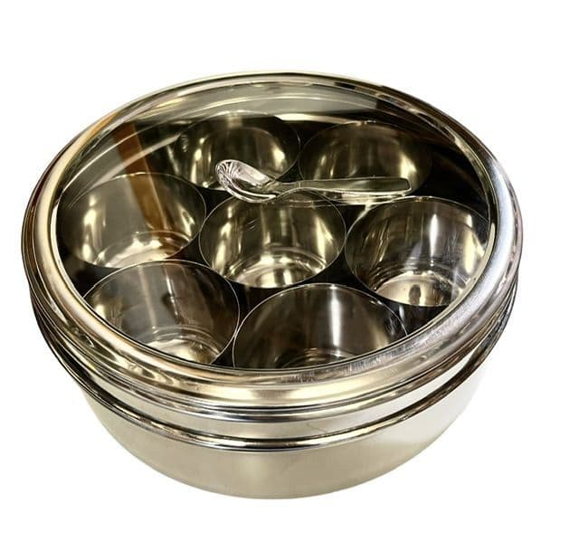 18cm Medium Indian Spice Box (Clear Lid S/S Masala Dabba Tin) | Buy Online at The Asian Cookshop.