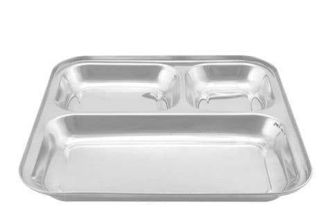3 Compartment Stainless Steel Thali Plate (Dinner/Mess Tray) 22.5cm