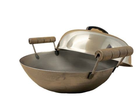 SET | Double Handled Chinese Carbon Steel Wok With Lid