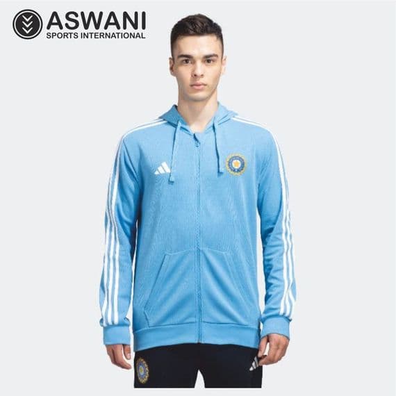 adidas India Cricket Travel Hoodie, Mens Full Zip Player Edition 2024, Blue