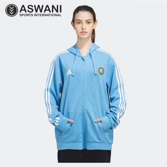 adidas India Cricket Travel Hoodie, Womens Full Zip Player Edition 2024, Blue