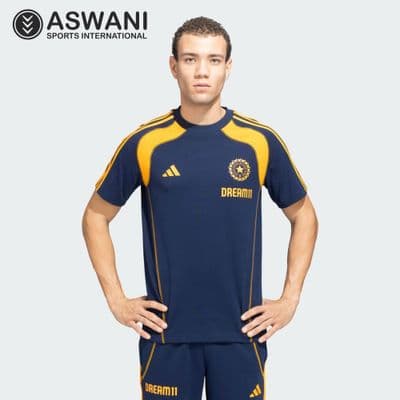 adidas India Cricket Travel Tee, Player Edition Shirt 2025, Dark Blue/Orange