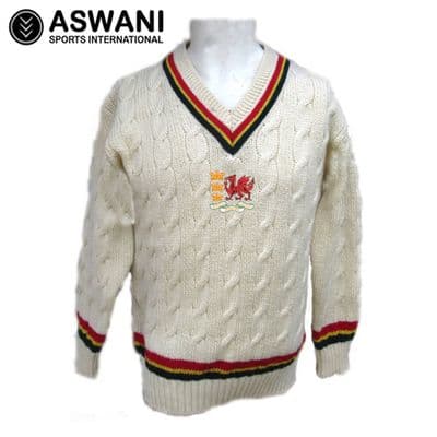 Wales Seniors Cricket ECB County Championship Wool Cable Knit Playing Sweater, Long Sleeve