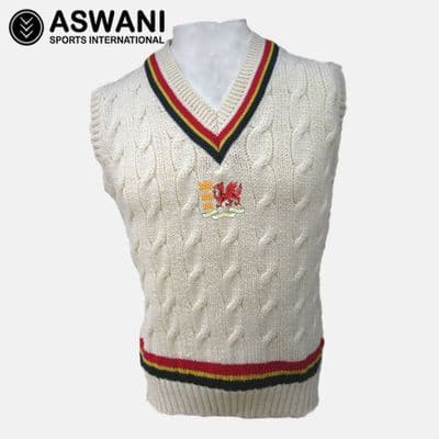 Wales Seniors Cricket ECB County Championship Wool Cable Knit Playing Sweater, Sleeveless