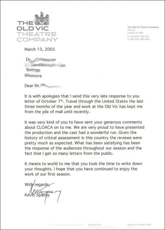 Kevin Spacey Signed Letter