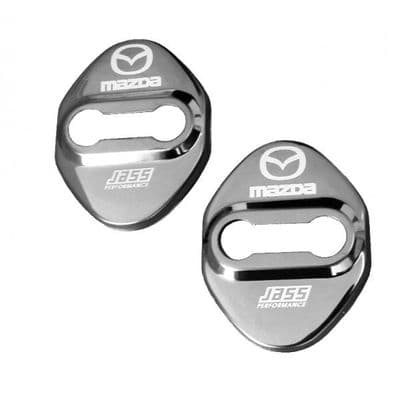 Door striker covers, black chrome, Mazda logo, MX-5 mk1, mk2,mk3, JASS Performance