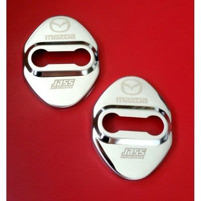 Door striker covers, chrome, Mazda logo, MX-5 mk1, mk2,mk3, JASS Performance