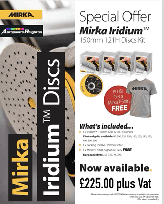 Mirka Iridium 150mm Grip 121 H 100 Pack (Various Grits) 4 Box Deal with Free T-Shirt