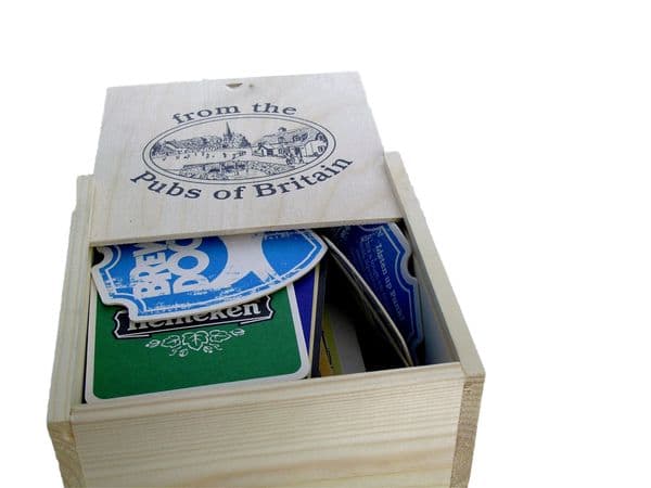100 Cardboard Beer Mats in Wooden Box