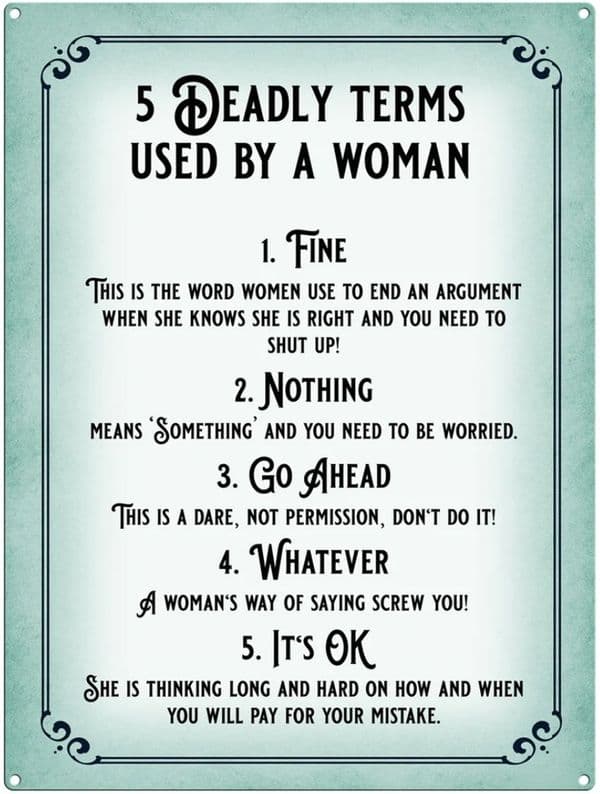 5 Deadly Terms Used By A Woman funny large steel sign 400mm x 300mm (og)