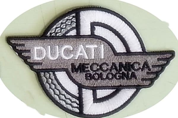 Ducati Meccannica Bologna (black & white version) sew-on embroidered patch 75mm x 110mm (yy)